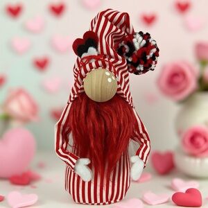 Valentines Day Gnome Handmade Red White Stripe Faux Fur Beard Heart Red White